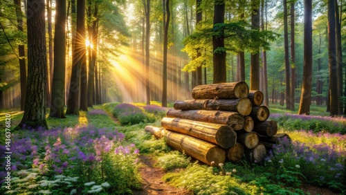 Golden Sunlight Illuminates a Path Through a Lush Forest, Where a Stack of Logs Rests Amidst Vibrant Wildflowers