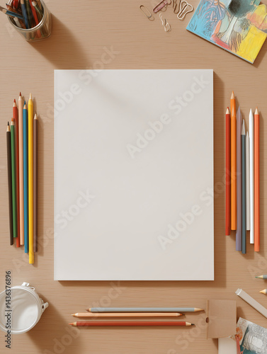 a4 coloring book empty mockup on a desk, coloring pencils and children stationary on the table