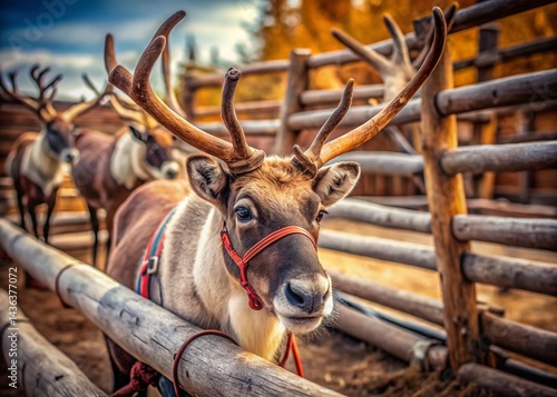 Majestic Reindeer in Harness, Large Antlers, Tilt-Shift Photography