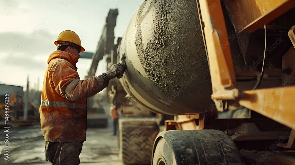 Construction Worker Operating Concrete Mixer Construction Worker Operating Concrete Mixer