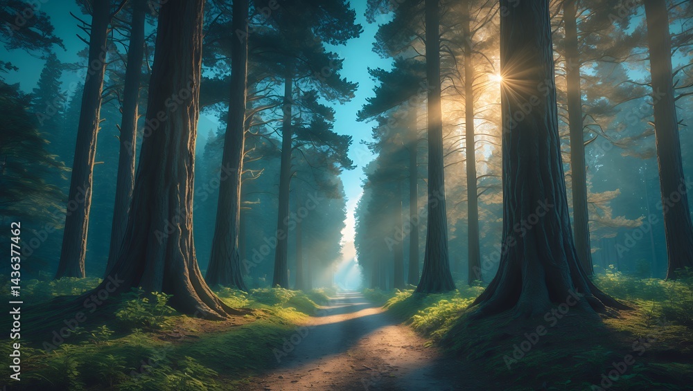 Obraz premium Forest Trail with Sunlight Beams