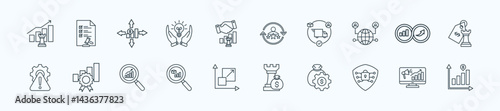 Business growth strategy thin icon set containing regulatory compliance,market expansion,innovation adoption,strategic alliance,talent development
