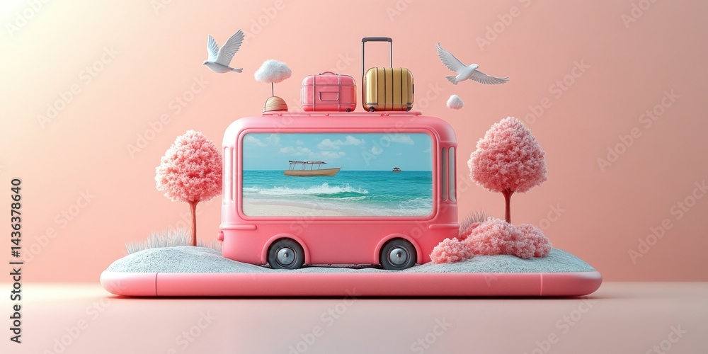 Obraz premium Playful pink vehicle vacation scene on a digital platform