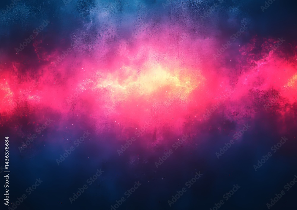 Obraz premium Abstract cosmic nebula with vibrant pink, blue, and yellow hues, textured clouds, and scattered sparkles.