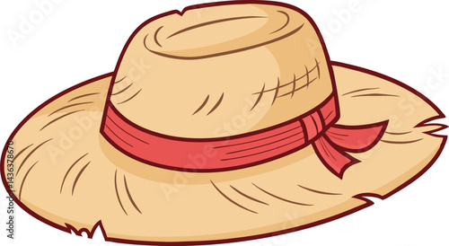 Premium Straw Hat Vector Illustration Featuring a Vibrant Red Ribbon – Essential for Trendy Summer, Beach, and Outdoor Creative Designs