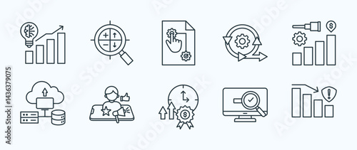 Business growth strategy thin icon set containing competitive intelligence,swot analysis,scenario planning,change management,financial forecasting