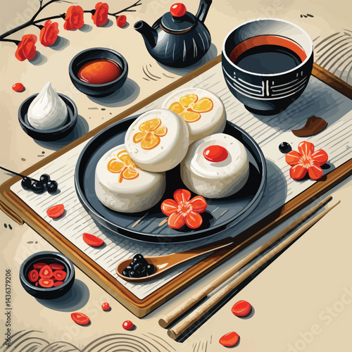illustrated Japanese meal spread on a table. traditional dishe background,wabi sabi