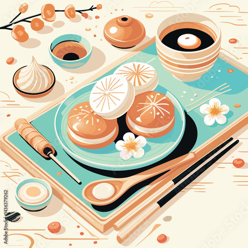 illustrated Japanese meal spread on a table. traditional dishe background,wabi sabi
