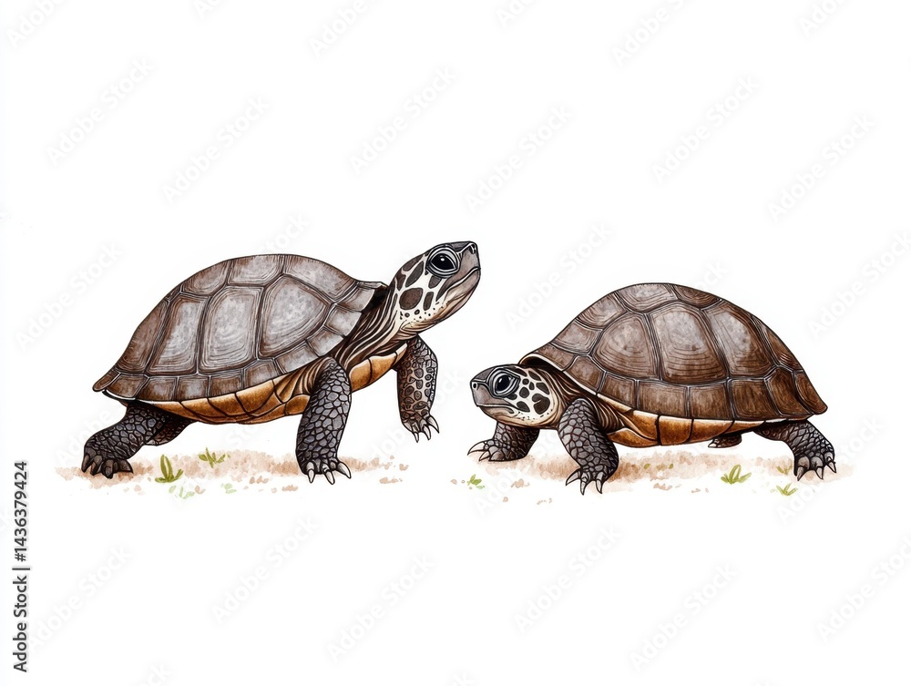 Two turtles on sandy ground, facing each other. Detailed illustration Two turtles on sandy ground, facing each other. Detailed illustration