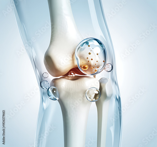 Detailed illustration of a human knee joint with synovial fluid and cartilage