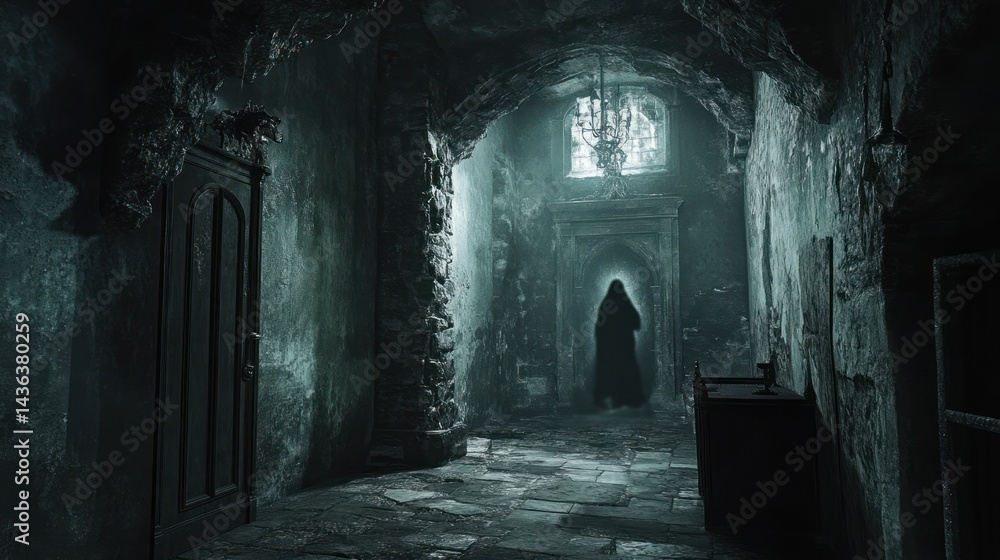 Obraz premium Mysterious cloaked figure standing in an ancient hall with a dark ambiance