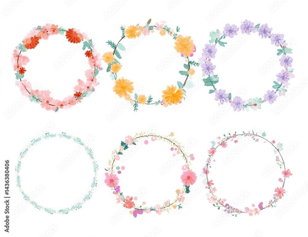 Cute flower wreath frame set, vector illustration on a white background, pastel colors, cute style, Cute flower wreath frame set, vector illustration on a white background, pastel colors, cute style,