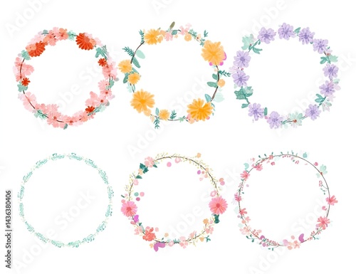 Wallpaper Mural Cute flower wreath frame set, vector illustration on a white background, pastel colors, cute style, Torontodigital.ca