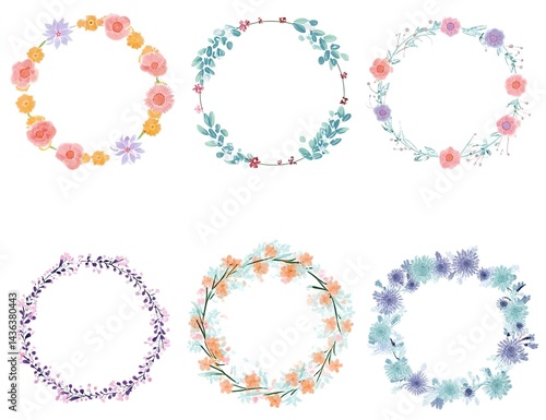 Wallpaper Mural Cute flower wreath frame set, vector illustration on a white background, pastel colors, cute style, Torontodigital.ca