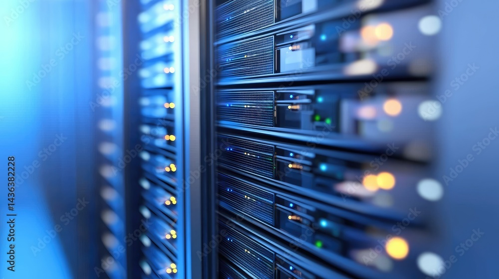 Close up view of glowing server racks with colorful lights in a blue futuristic data center, representing cloud computing, fast networking, secure storage, and digital infrastructure Close up view of glowing server racks with colorful lights in a blue futuristic data center, representing cloud computing, fast networking, secure storage, and digital infrastructure