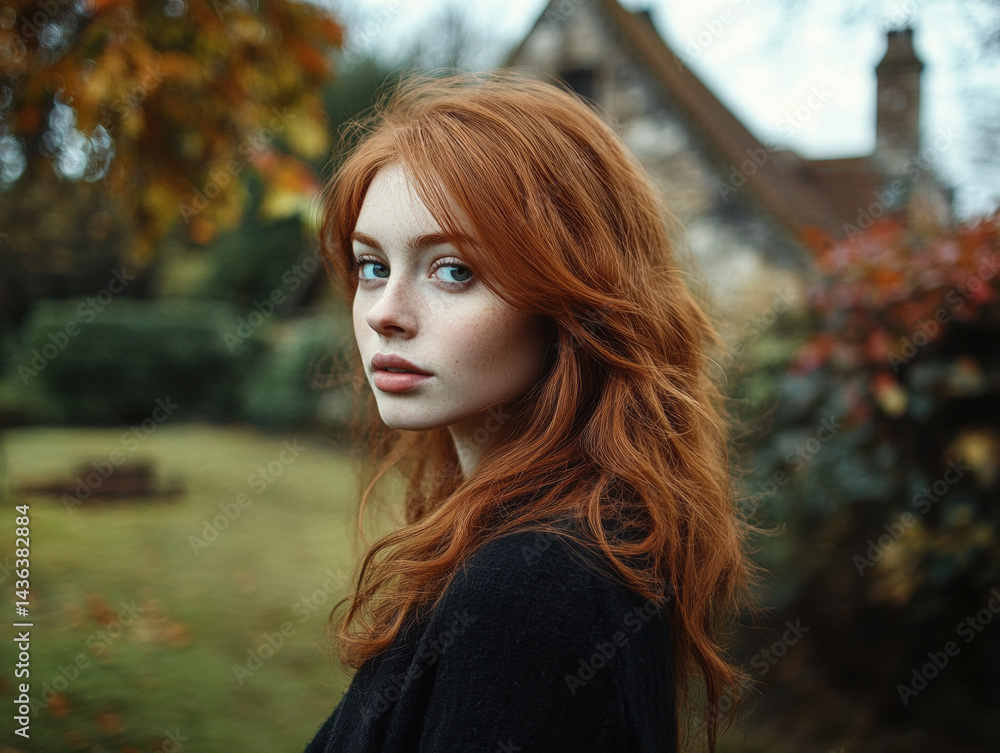 Portrait of Redhead Woman with Freckles in Outdoor Setting near Rural Home, Gaze over Shoulder Portrait of Redhead Woman with Freckles in Outdoor Setting near Rural Home, Gaze over Shoulder