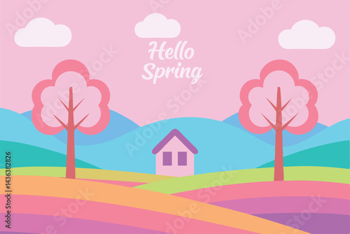 Colorful spring landscape with cherry blossoms, rolling hills, and pastel cottage in vector art style 