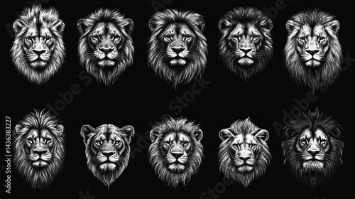 Lion heads, grayscale, pattern, wildlife, design