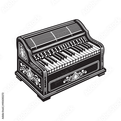 Melodic Traditions: A Beautiful Collection of Harmonium Vector Silhouettes Highlighting the Unique Shape, Rich Sound, and Cultural Significance of This Timeless Keyboard Instrument.