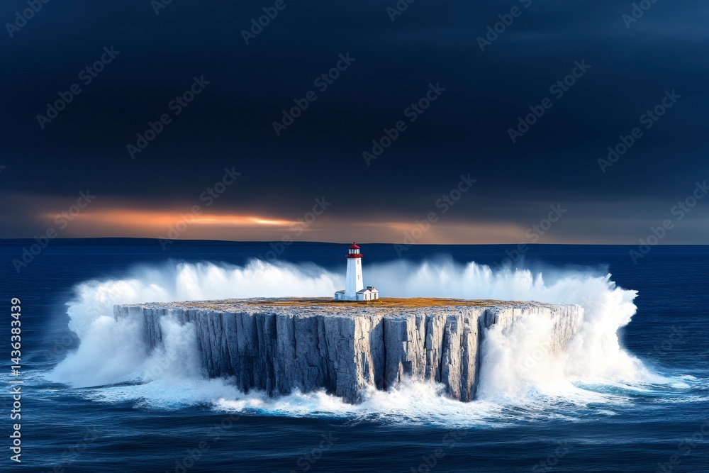Stunning Lighthouse on Rocky Island Surrounded by Powerful Waves Stunning Lighthouse on Rocky Island Surrounded by Powerful Waves