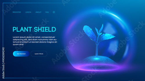 Dome Plant Protect Shield Tree Glass Agriculture Concept Green Technology. Safe Environment Growth Digital Tech Future Abstract. Futuristic Sprout Earth Preserve Nature Hologram Soil Fresh.