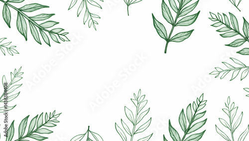 Hand-drawn green plants and layered leaves on white, with delicate pencil strokes and vintage botanical style, creating a minimal, elegant 4K wallpaper.
