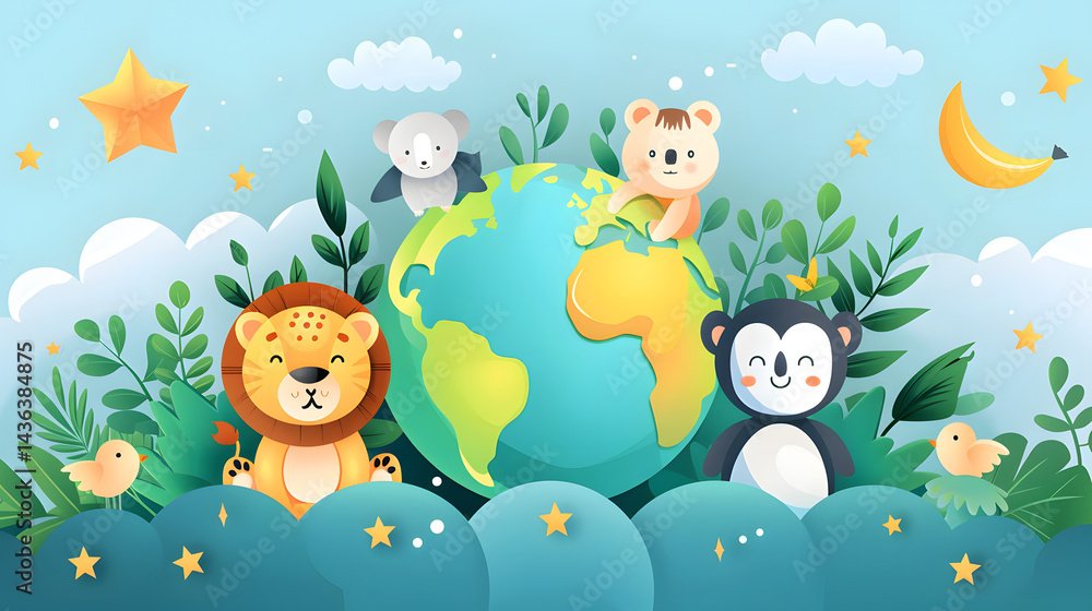 Naklejka premium Adorable cartoon animals embracing earth in a whimsical celestial landscape
