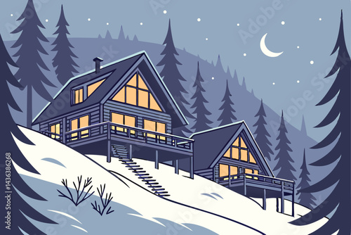 15 Winter resort, snowy landscape, illuminated cabins, pine forest, twilight scene, elevated wooden structures, cozy retreat, warm glowing lights, tranquil atmosphere, Nordic-inspired architecture, lu