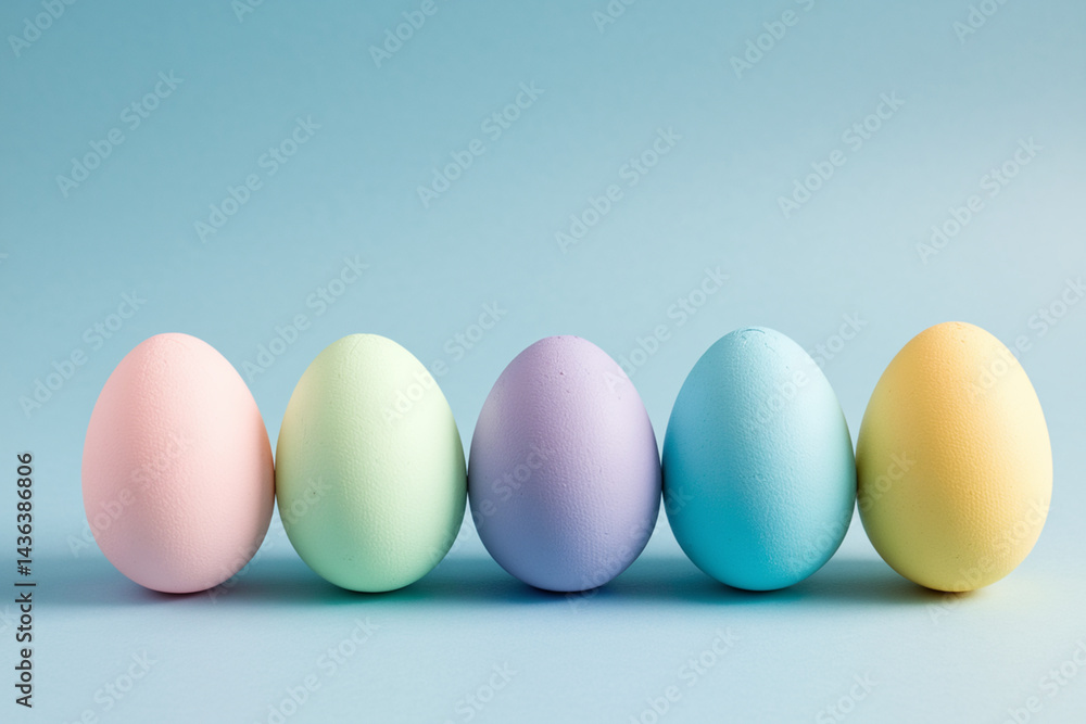 A row of colorful eggs are lined up on a blue background A row of colorful eggs are lined up on a blue background