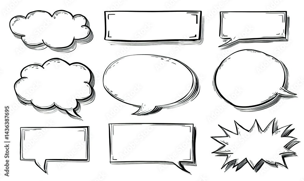 Obraz premium Set of speech bubbles, comic text boxes, and frames vector illustration on a white background.