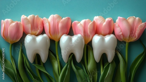Wallpaper Mural Unique arrangement of tulips and tooth-shaped figures on a teal background creates a playful springtime vibe celebrating dental health Torontodigital.ca