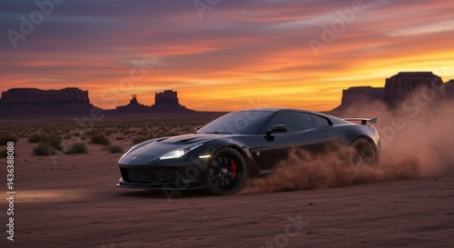 Black Sports Car Dusting Desert Road at Sunset