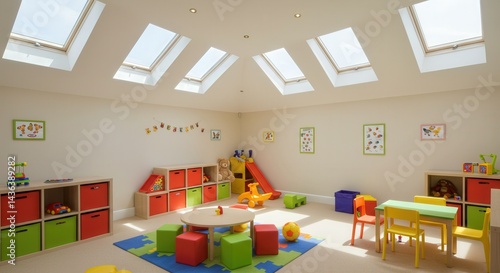 Bright playroom with skylights colorful storage and childfriendly furniture photo
