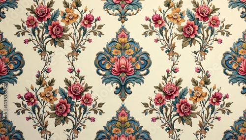 Intricate floral damask pattern in muted tones, floral, tones