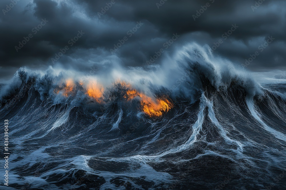 Fototapeta premium A majestic wave crashing under a dramatic sky with a fiery glow in the center of the wave crest