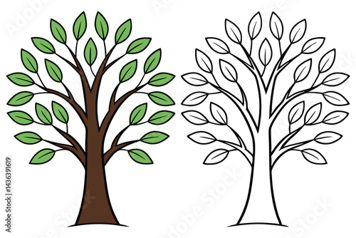 Two trees illustration, one with green leaves and the other with black outlines