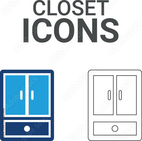 Closet icons. Collection of sofa, kitchen, chair, dresser and more. Vector illustration. Easily changes to any color.