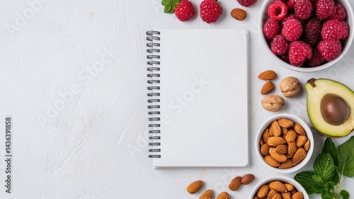 Healthy lifestyle with nutrition positivity idea. Blank notebook surrounded by nuts and fresh fruits.