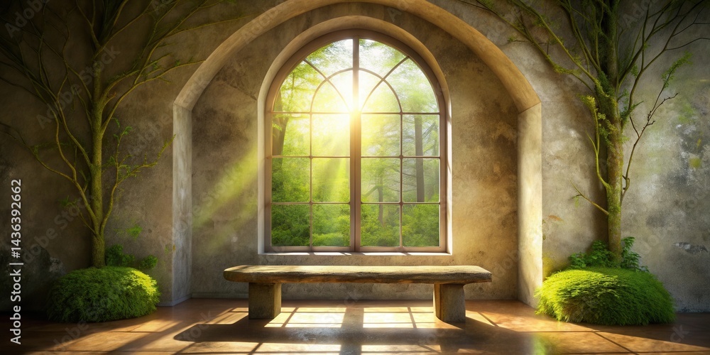 Naklejka premium Serene Interior Featuring a Stone Bench and Sunlit Arch Window Overlooking Lush Greenery