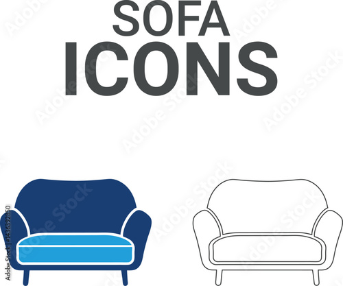 Sofa icons. Collection of sofa, kitchen, chair, dresser and more. Vector illustration. Easily changes to any color.