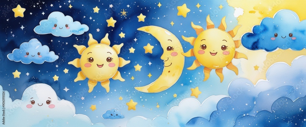 enchanting celestial sky with smiling sun and moon faces enchanting celestial sky with smiling sun and moon faces