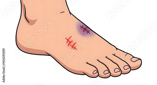 Injured Foot with Stitches and Bruise Illustration for Medical Purposes