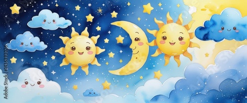 Wallpaper Mural enchanting celestial sky with smiling sun and moon faces Torontodigital.ca