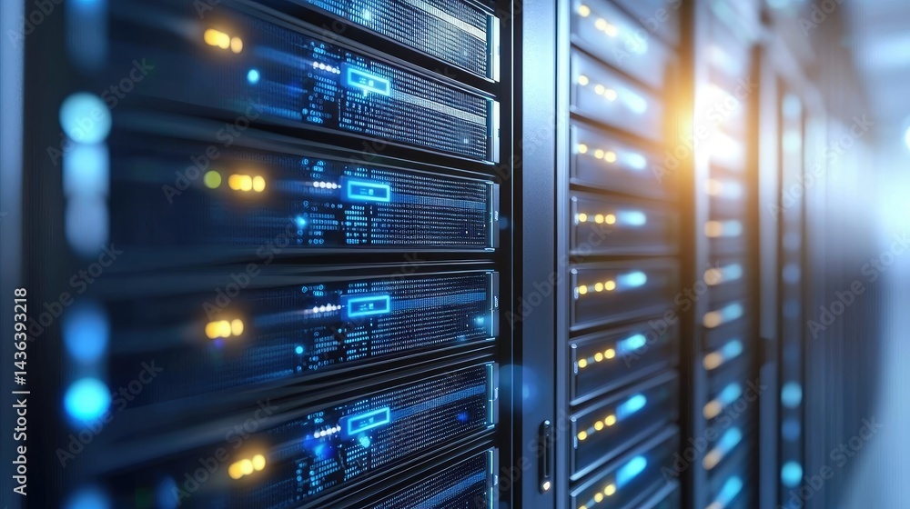 Close-up view of glowing server racks in a high-tech data center with digital displays and soft lighting, perfect for IT visuals, cybersecurity ads, and tech presentations Close-up view of glowing server racks in a high-tech data center with digital displays and soft lighting, perfect for IT visuals, cybersecurity ads, and tech presentations