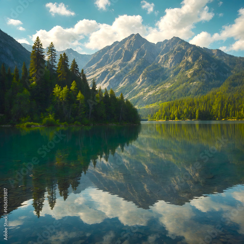 Crystal clear alpine lake nestled in the mountains