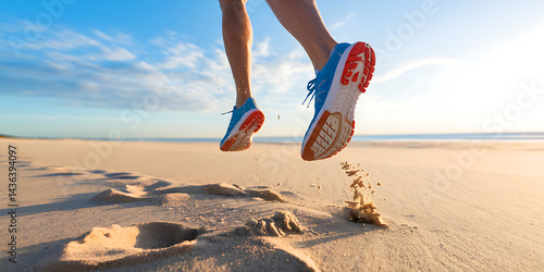 Bright orange running shoes with white laces striking light brown sand on the beach under a clear blue sky with clouds.