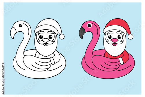 Cartoon Santa Claus Relaxing on Flamingo Float Outline and Colored Version