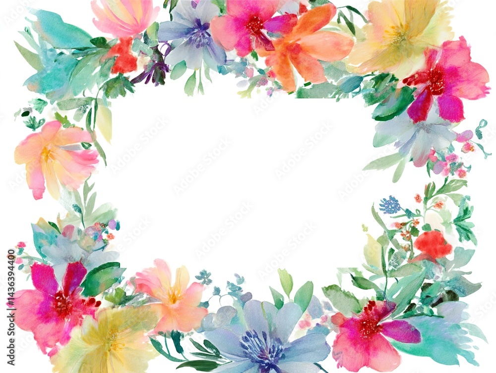 Fototapeta premium Watercolor floral frame on a white background, colorful.