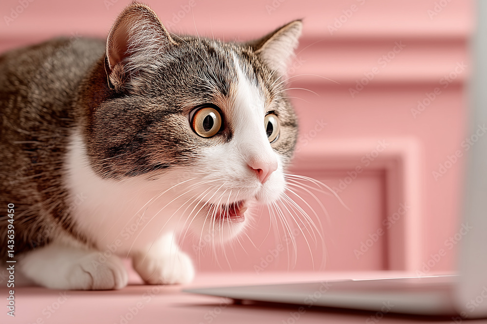 Fototapeta premium A cat looking frightened on a pink background 