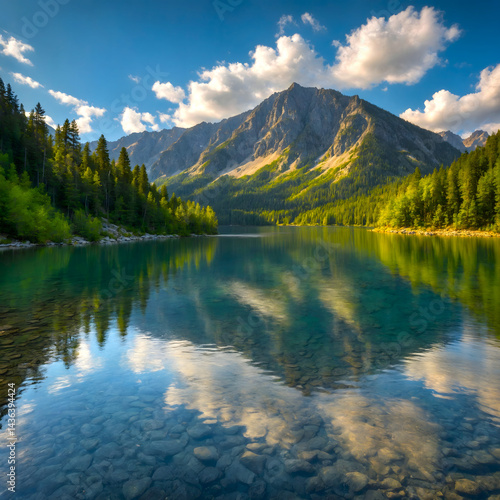 Peaceful lake reflecting majestic mountain landscapes

